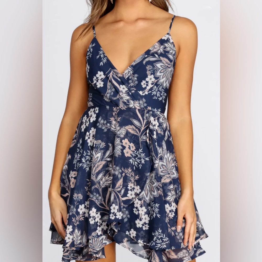 Windsor Navy Floral Wrap Skater Dress | Ruffle Hem | Spaghetti Strap | Size S - Picture 3 of 4